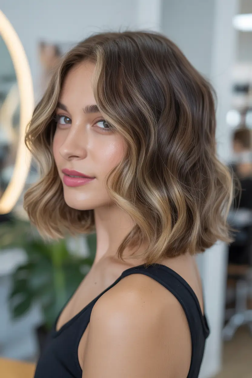 Lob haircut inspiration 2026 Glossy Brunette Contour Waves
