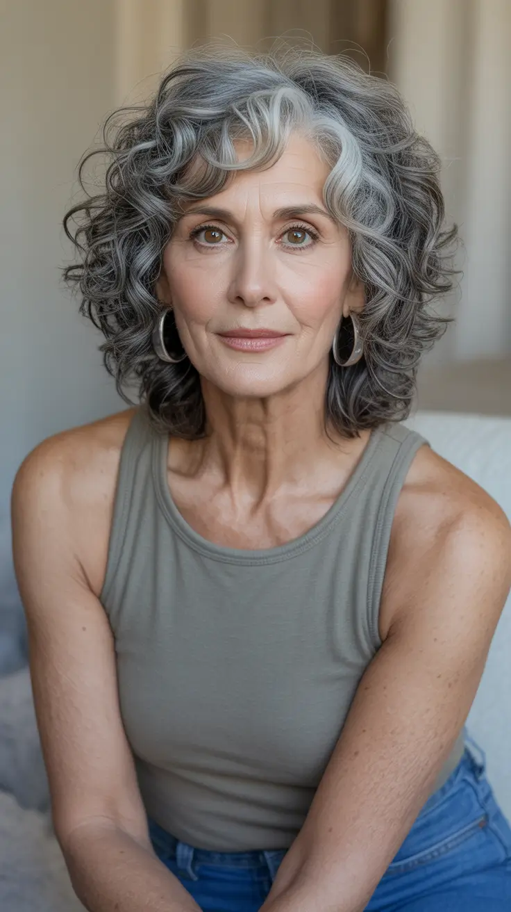 Lob haircut inspiration 2026 Silver Curls With Modern Shape