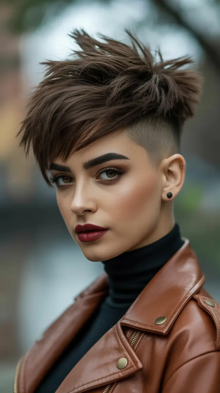 Messy pixie haircut ideas 2026 Chocolate Pixie With Lifted Texture and Clean Sides