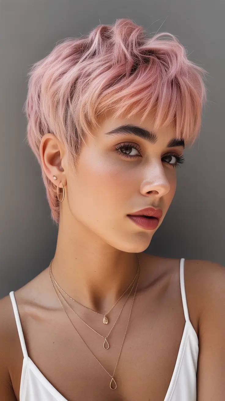 Messy pixie haircut ideas 2026 Pastel Rose Pixie With Soft Choppy Dimension
