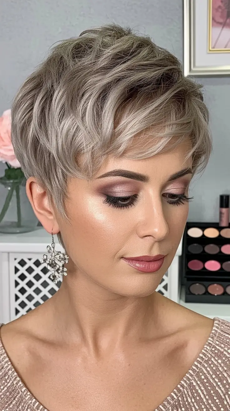 Messy pixie haircut ideas 2026 Silver Champagne Pixie With Airy Layering