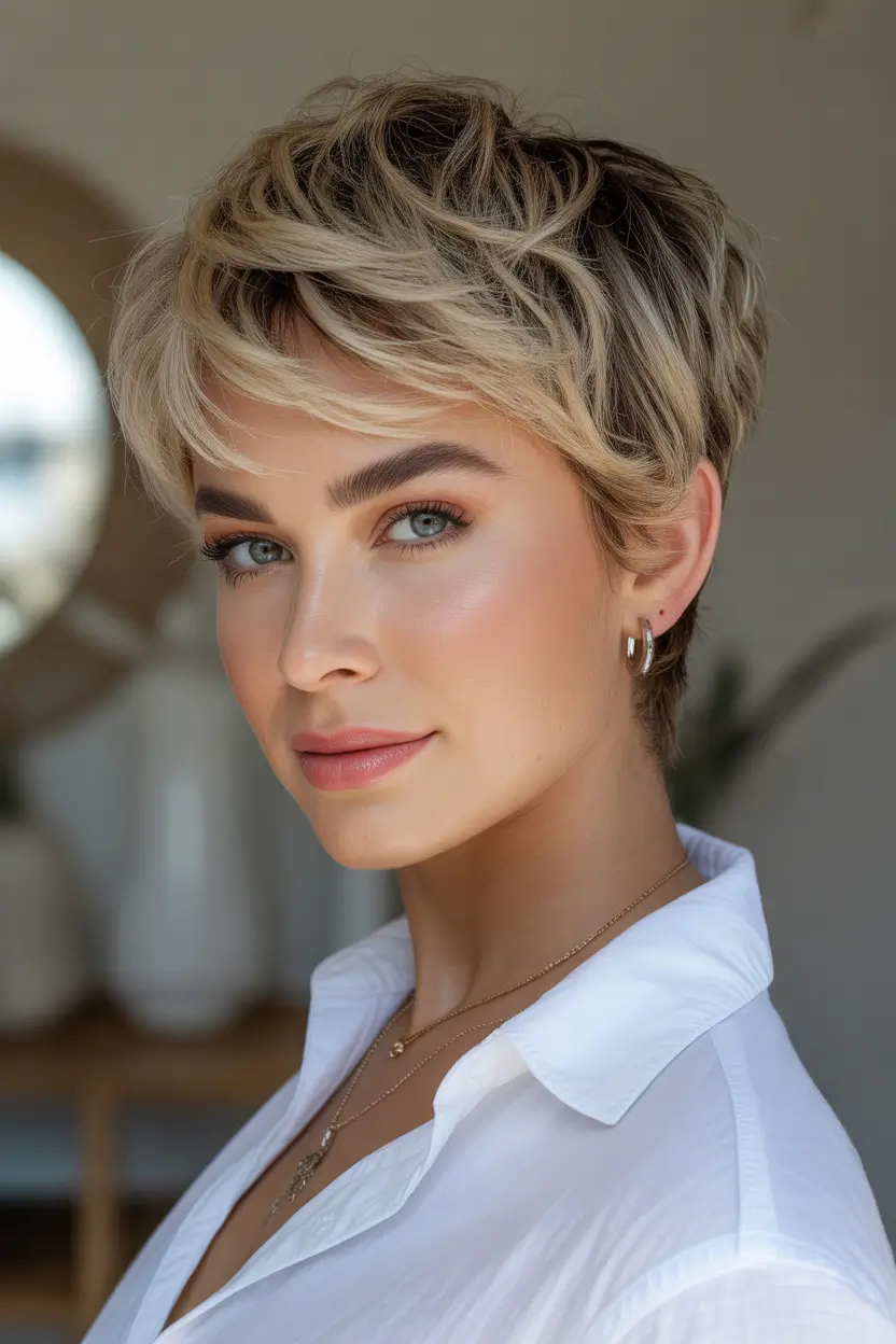 Messy pixie haircut ideas 2026 Warm Blonde Wavy Pixie With Natural Lift