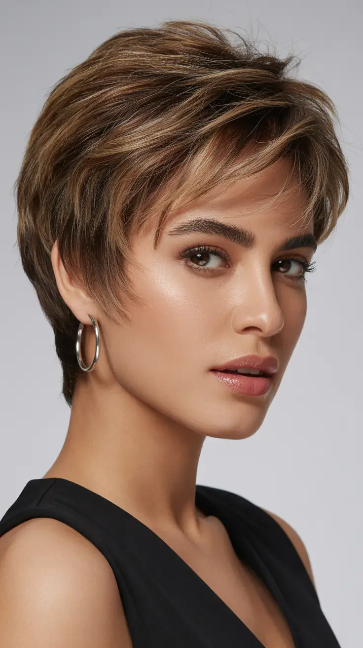 Messy pixie haircut ideas 2026 Caramel Brunette Pixie With Soft Flicked Ends
