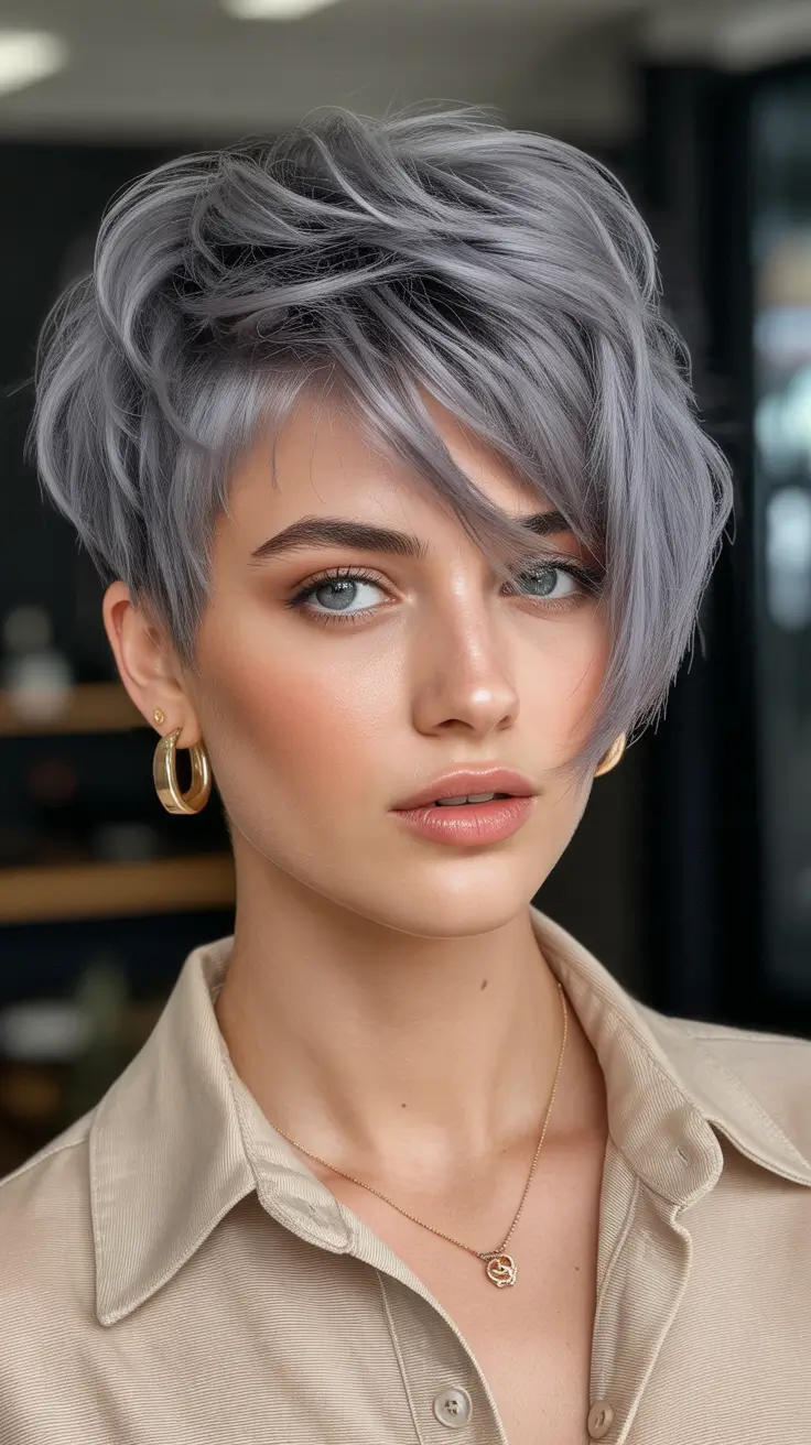 Messy pixie haircut ideas 2026 Smoky Lilac Long Pixie With Sweeping Fringe