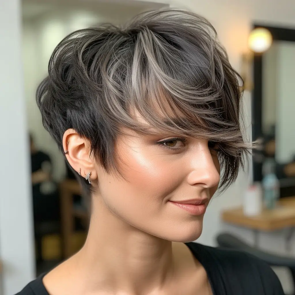 Messy pixie haircut ideas 2026 Shadow-Root Silver Pixie With Layered Movement