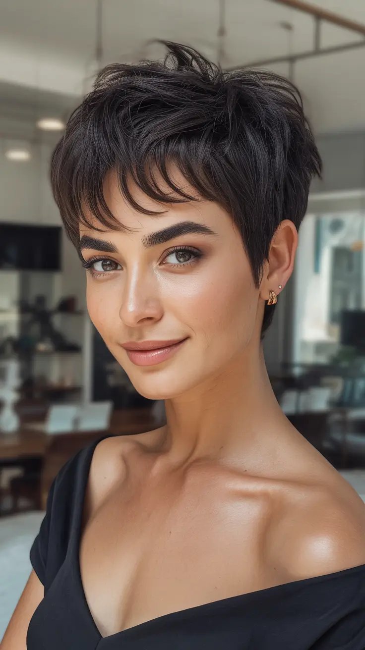 Messy pixie haircut ideas 2026 Dark Micro-Shag Pixie With Face-Framing Texture