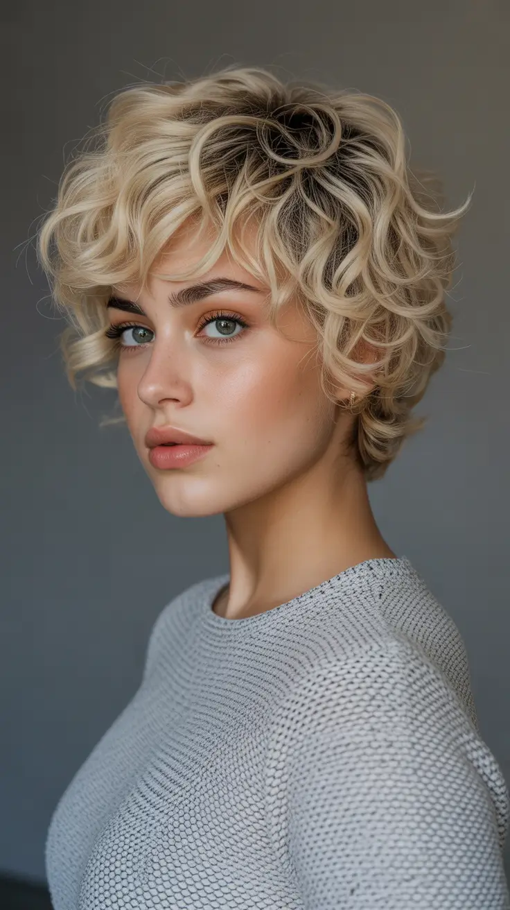Messy pixie haircut ideas 2026 Voluminous Curly Pixie With Bouncy Blonde Texture