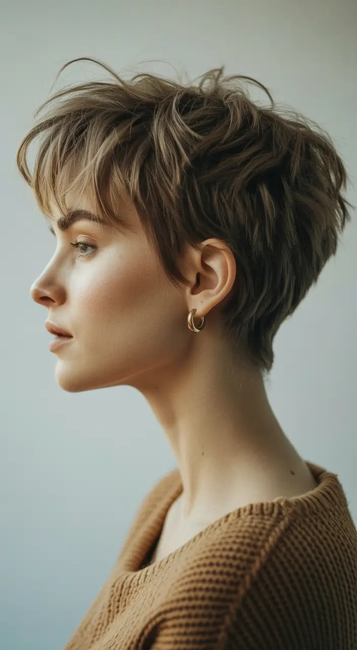 Messy pixie haircut ideas 2026 Earthy Brunette Shag-Pixie With Windswept Finish