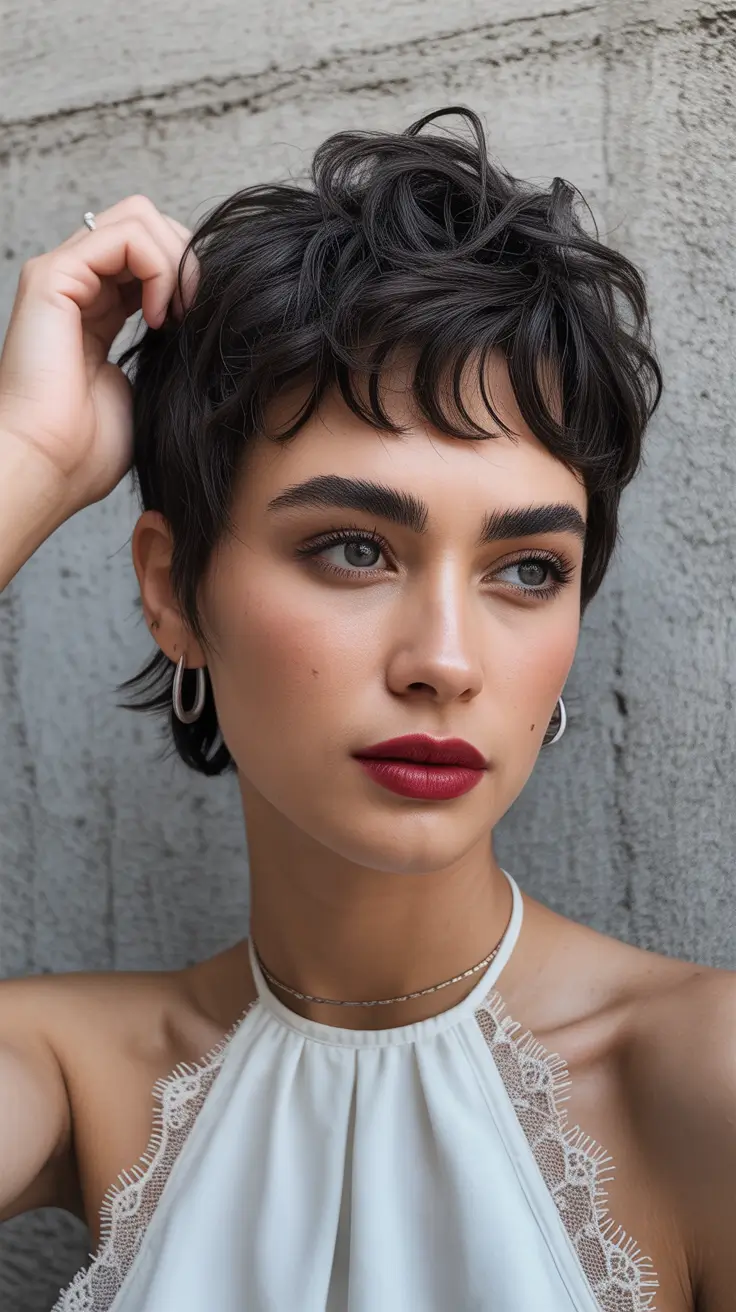 Messy pixie haircut ideas 2026 Deep Espresso Pixie With Curved Baby Fringe