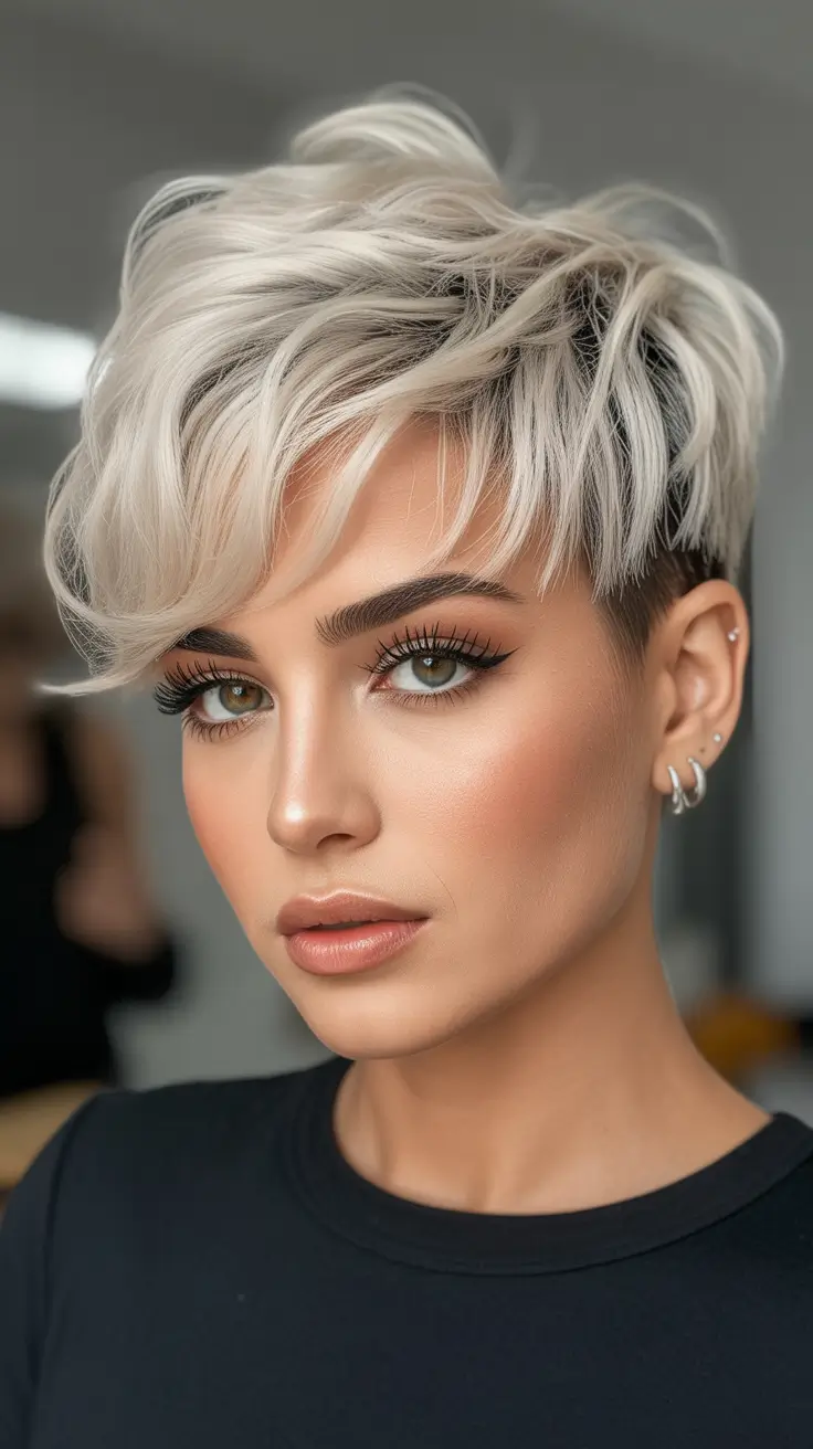 Messy pixie haircut ideas 2026 Bright Platinum Pixie With Dramatic Side Height