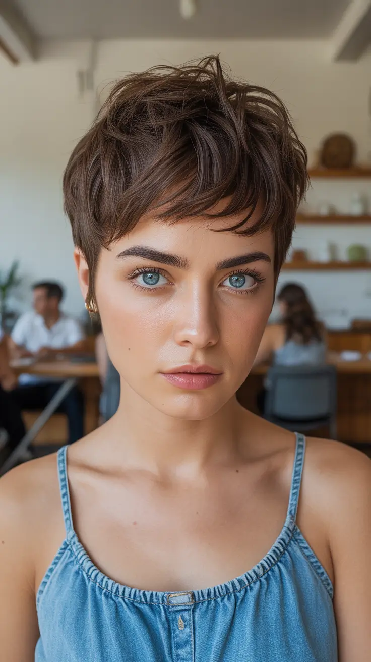 Messy pixie haircut ideas 2026 Soft Brown Messy Pixie With Natural Volume