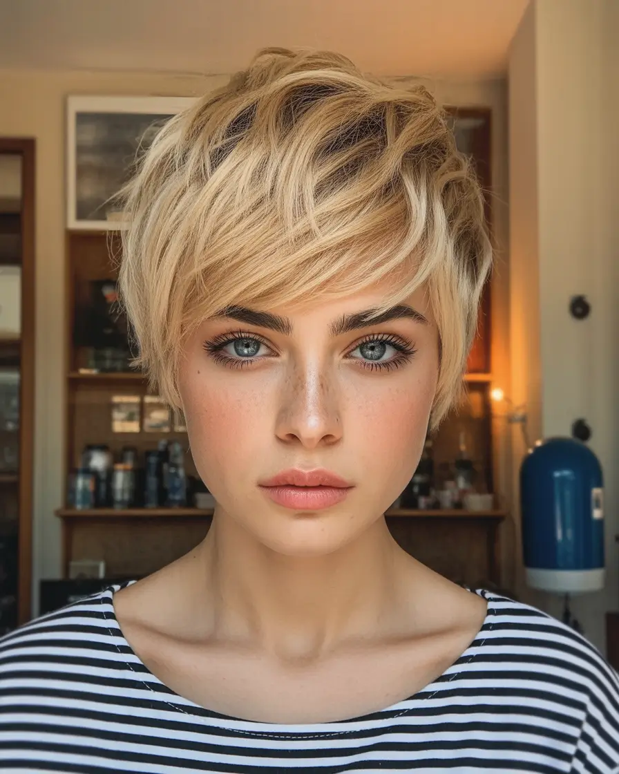Messy pixie haircut ideas 2026 Sunlit Blonde Pixie With Soft Layered Sweep