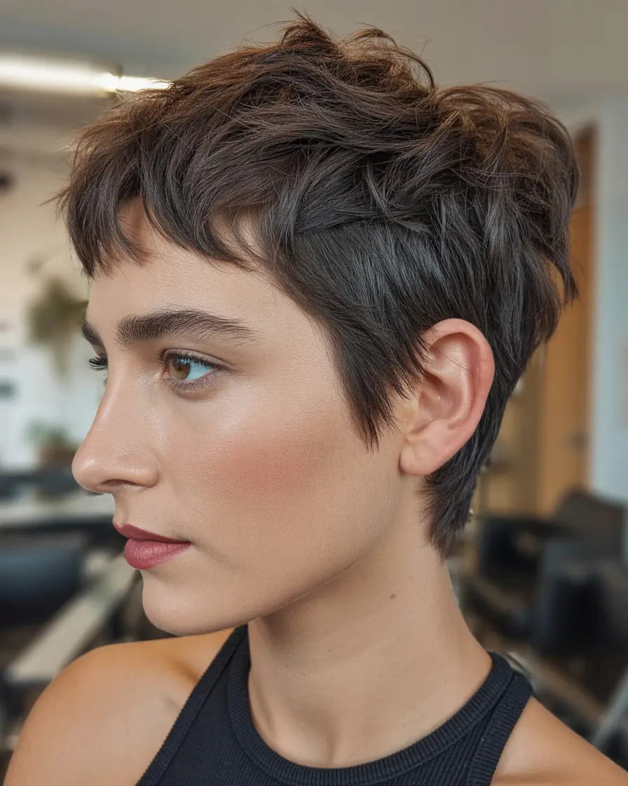 Messy pixie haircut ideas 2026 Soft Textured Brunette Pixie With a Natural Wave