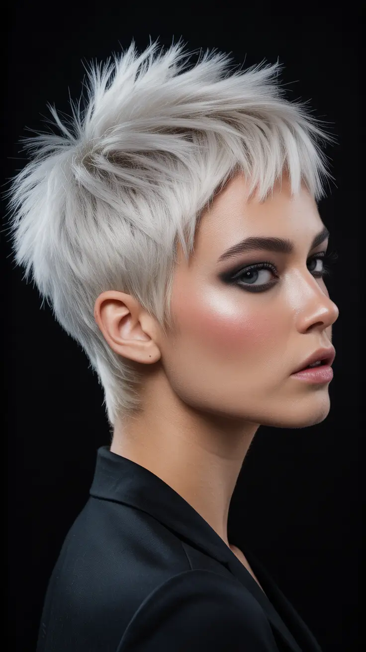 Messy pixie haircut ideas 2026 Platinum Spiky Pixie With Sharp Modern Edges
