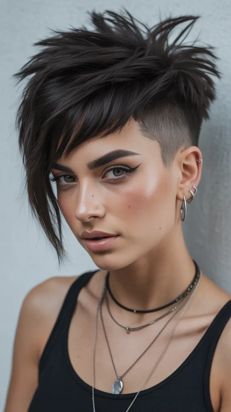 Messy pixie haircut ideas 2026 High-Volume Brunette Pixie With Side-Swept Drama
