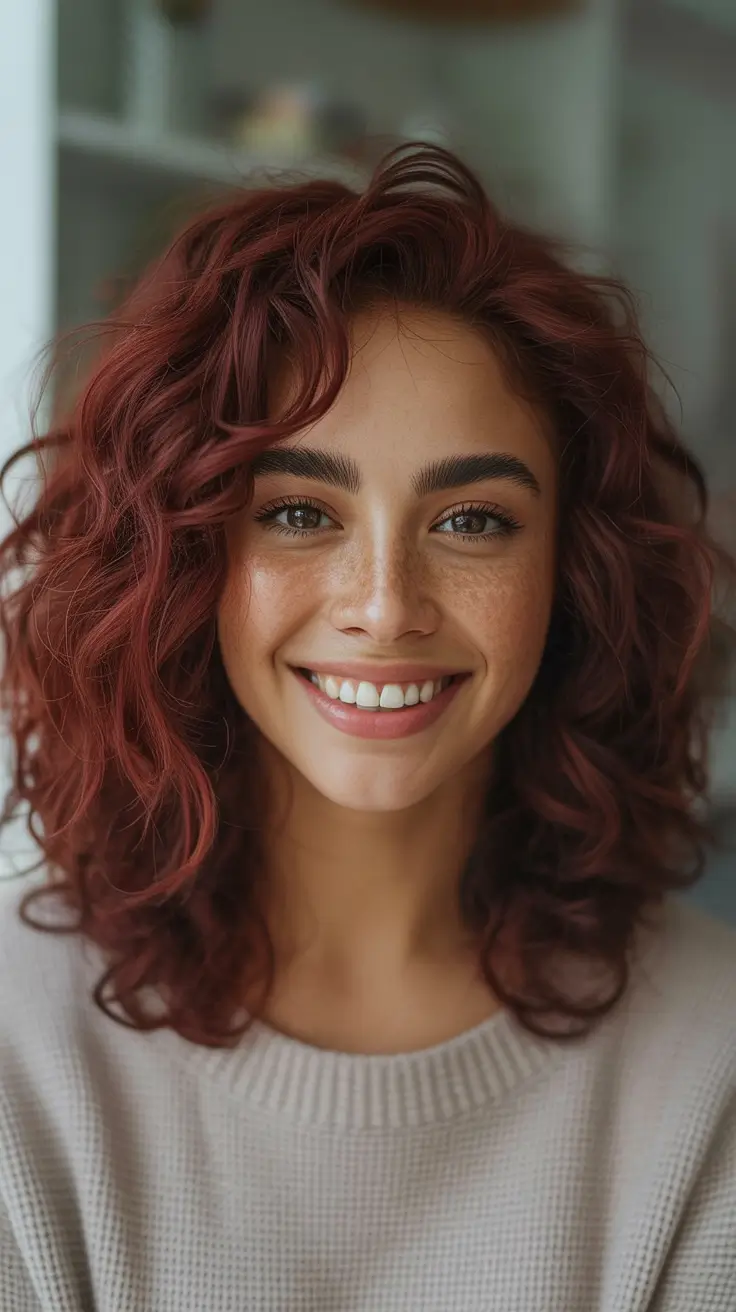 Mid-length haircut ideas 2026 Soft Copper Curls With Airy Volume