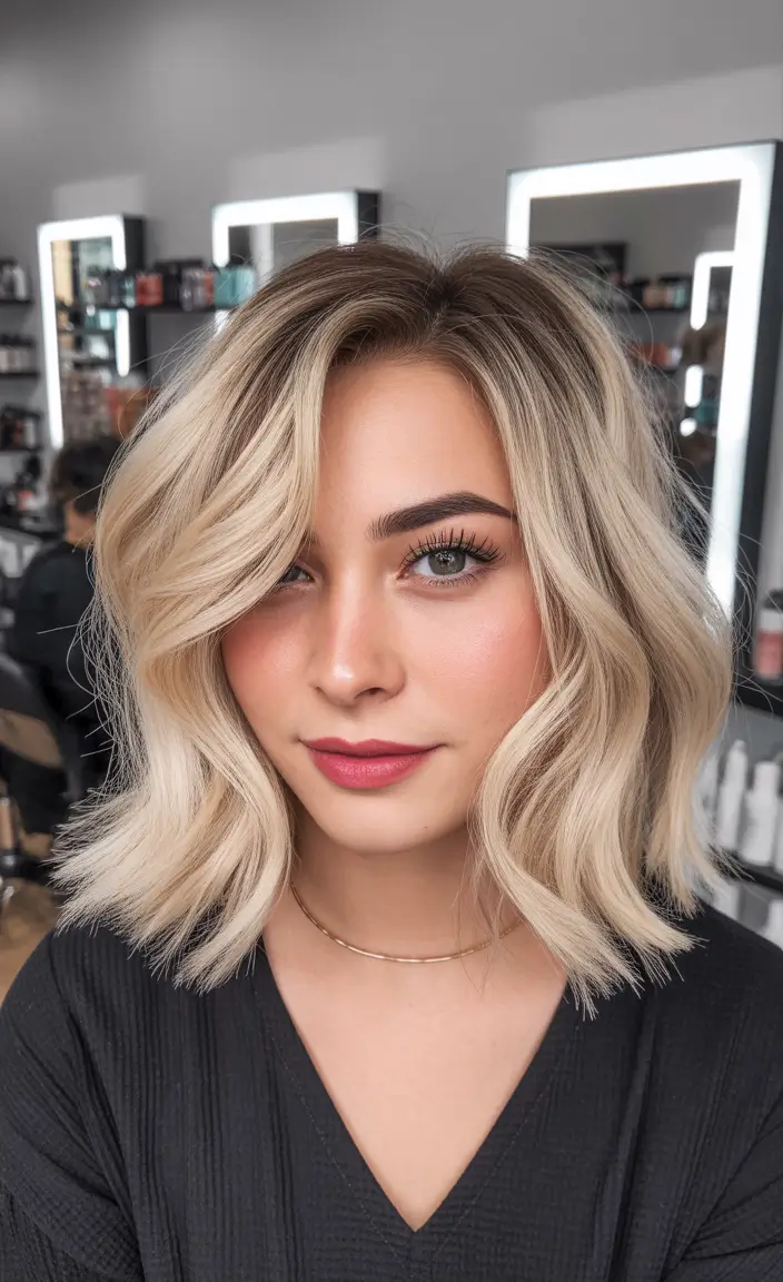 Mid-length haircut ideas 2026 Bright Blonde Waves With Soft Volume