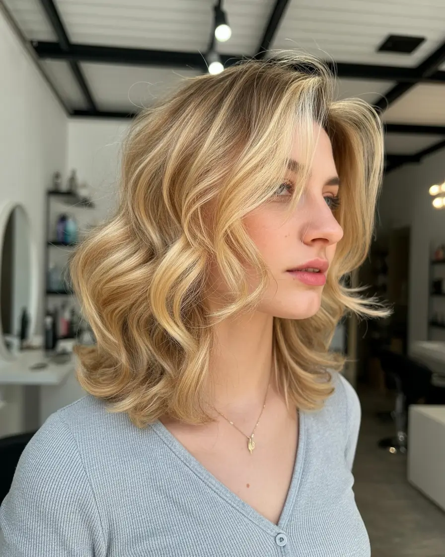 Mid-length haircut ideas 2026 Golden Waves With Soft Windswept Movement