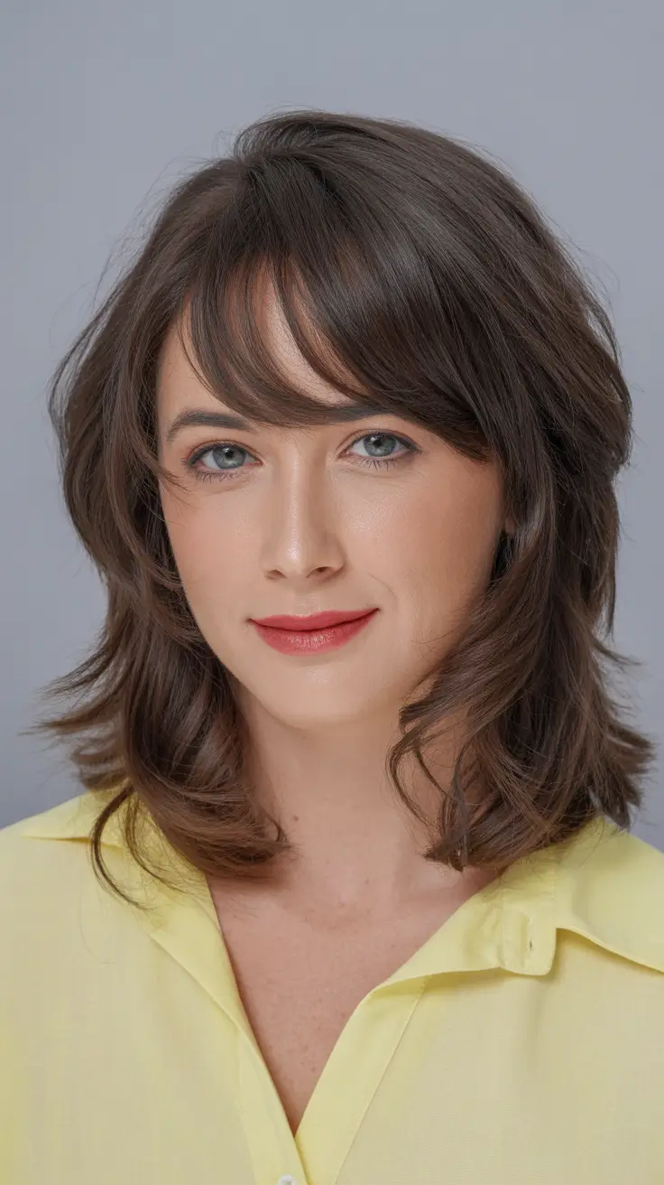 Mid-length haircut ideas 2026 Feathered Mocha Shag With Wispy Bangs