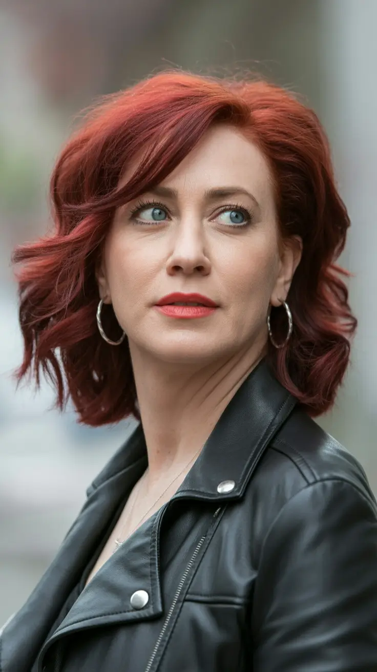 Mid-length haircut ideas 2026 Vibrant Red Mid-Length With Textured Waves