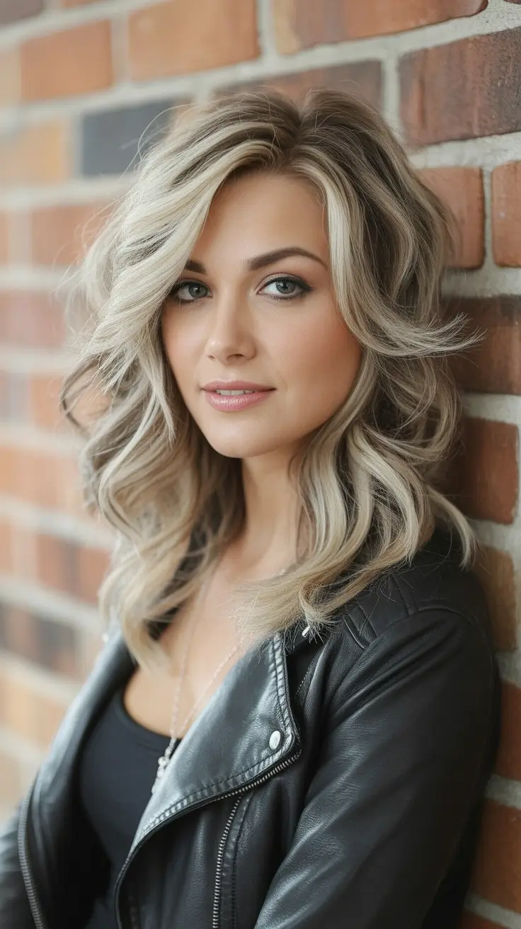 Mid-length haircut ideas 2026 Voluminous Platinum Waves With Statement Layers