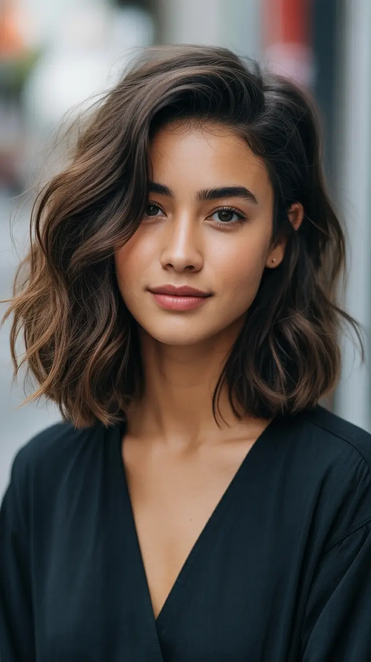 Mid-length haircut ideas 2026 Soft Chocolate Waves With Natural Body