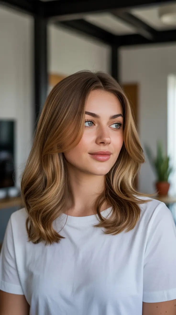 Mid-length haircut ideas 2026 Warm Caramel Mid-Length With Gentle Waves