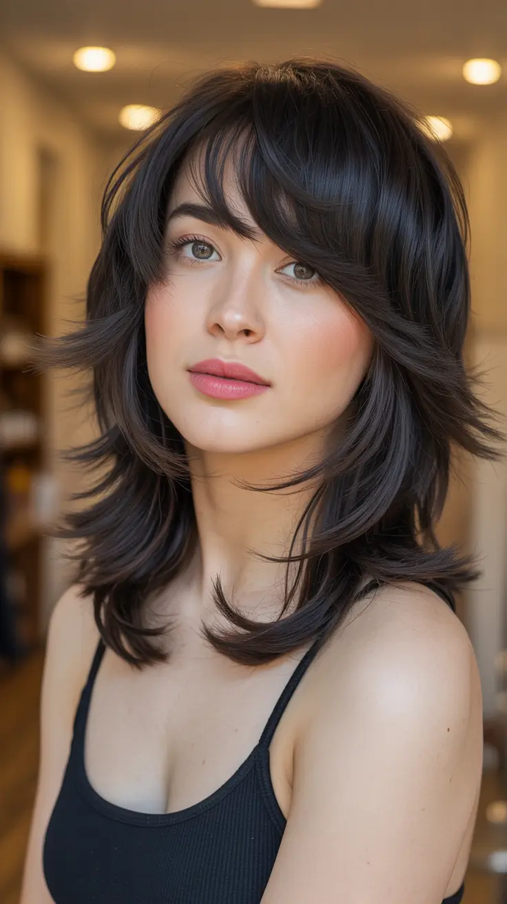 Mid-length haircut ideas 2026 Jet-Black Layered Shag With Soft Bangs