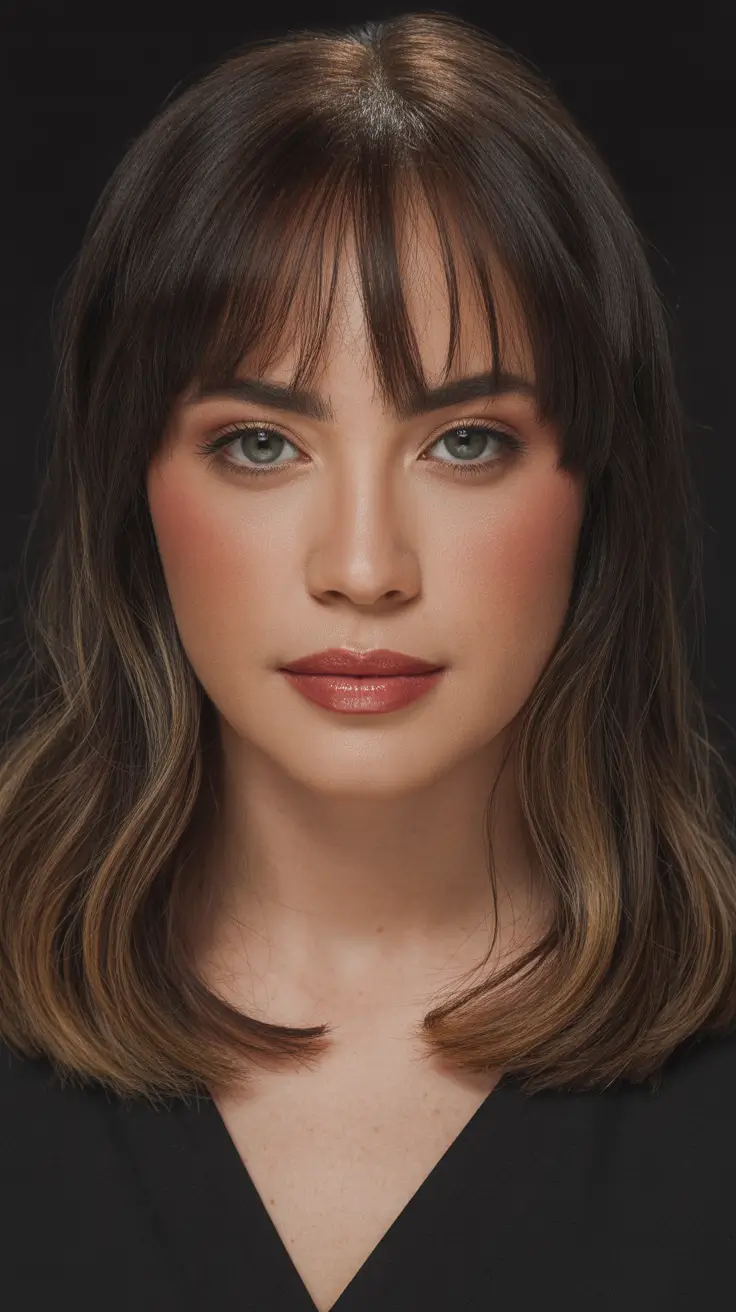 Mid-length haircut ideas 2026 Soft Brunette Mid-Length With Light Wispy Bangs