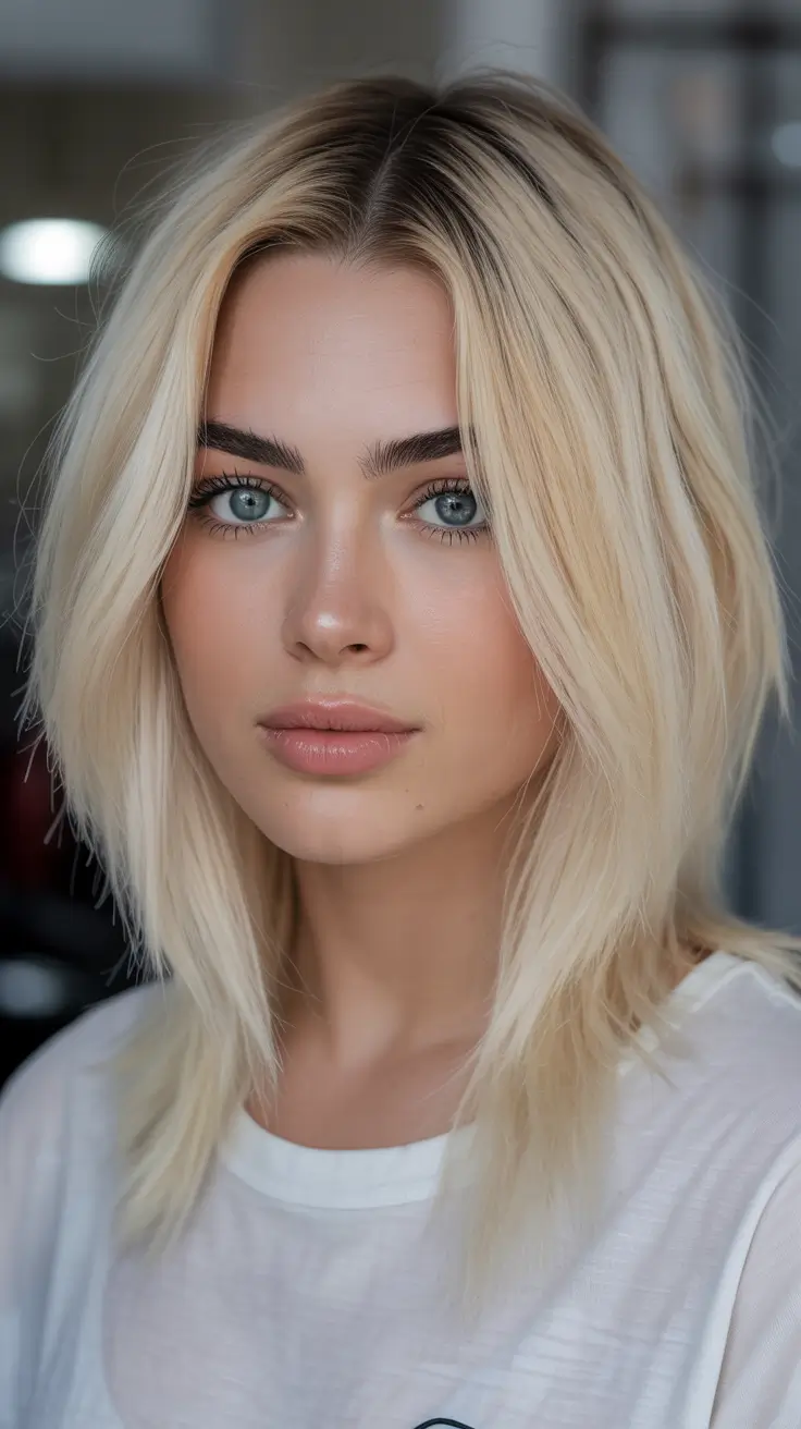 Mid-length haircut ideas 2026 Modern Platinum Layered Mid-Length With Soft Edges