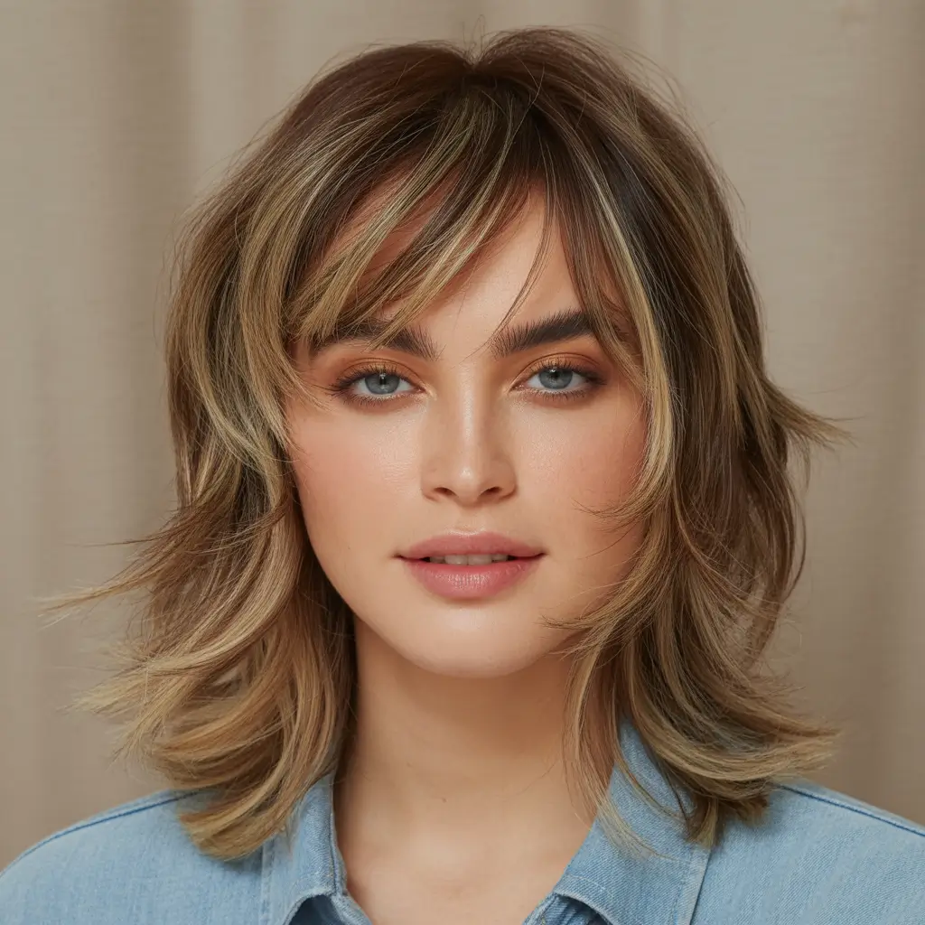 Mid-length haircut ideas 2026 Layered Honey Bronde Shag With Feathered Fringe