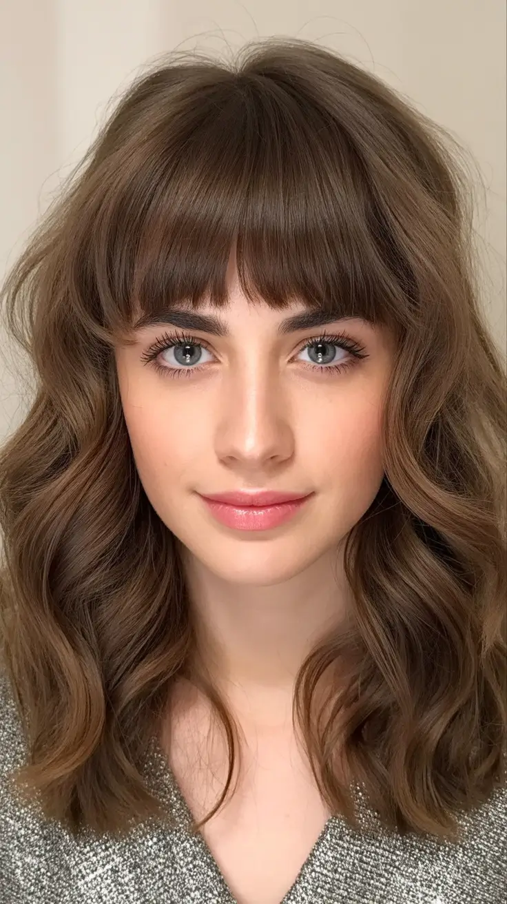 Mid-length haircut ideas 2026 Soft Chestnut Mid-Length Waves With Full Fringe
