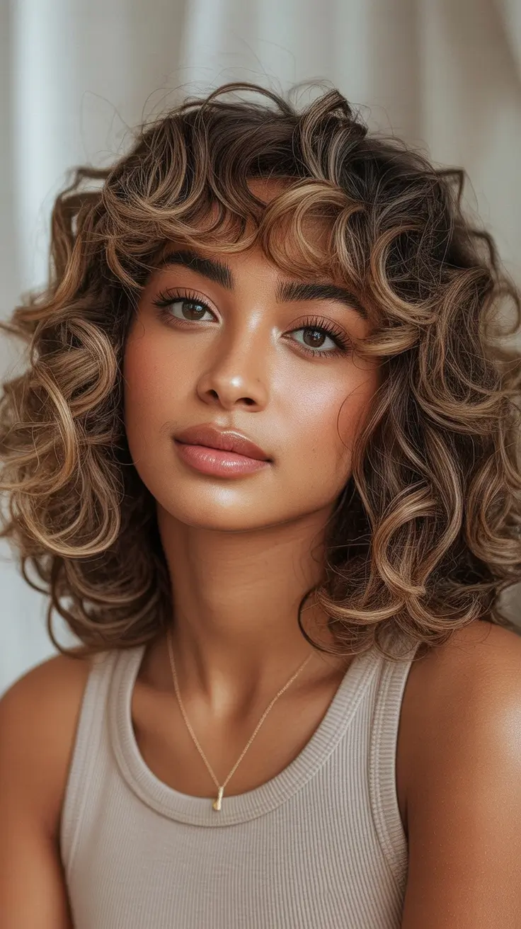 Mid-length haircut ideas 2026 Curly Caramel Mid-Length With Rounded Bangs