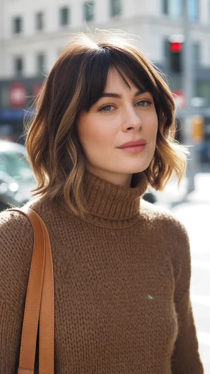 Mid-length haircut ideas 2026 Warm Brunette Waves With Soft Fringe