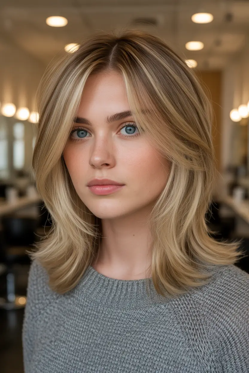 Mid-length haircut ideas 2026 Butter Blonde Mid-Length With Soft Curtain Bangs