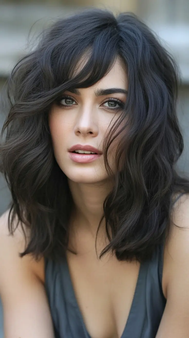 Mid-length haircut ideas 2026 Voluminous Tousled Waves With Wispy Bangs