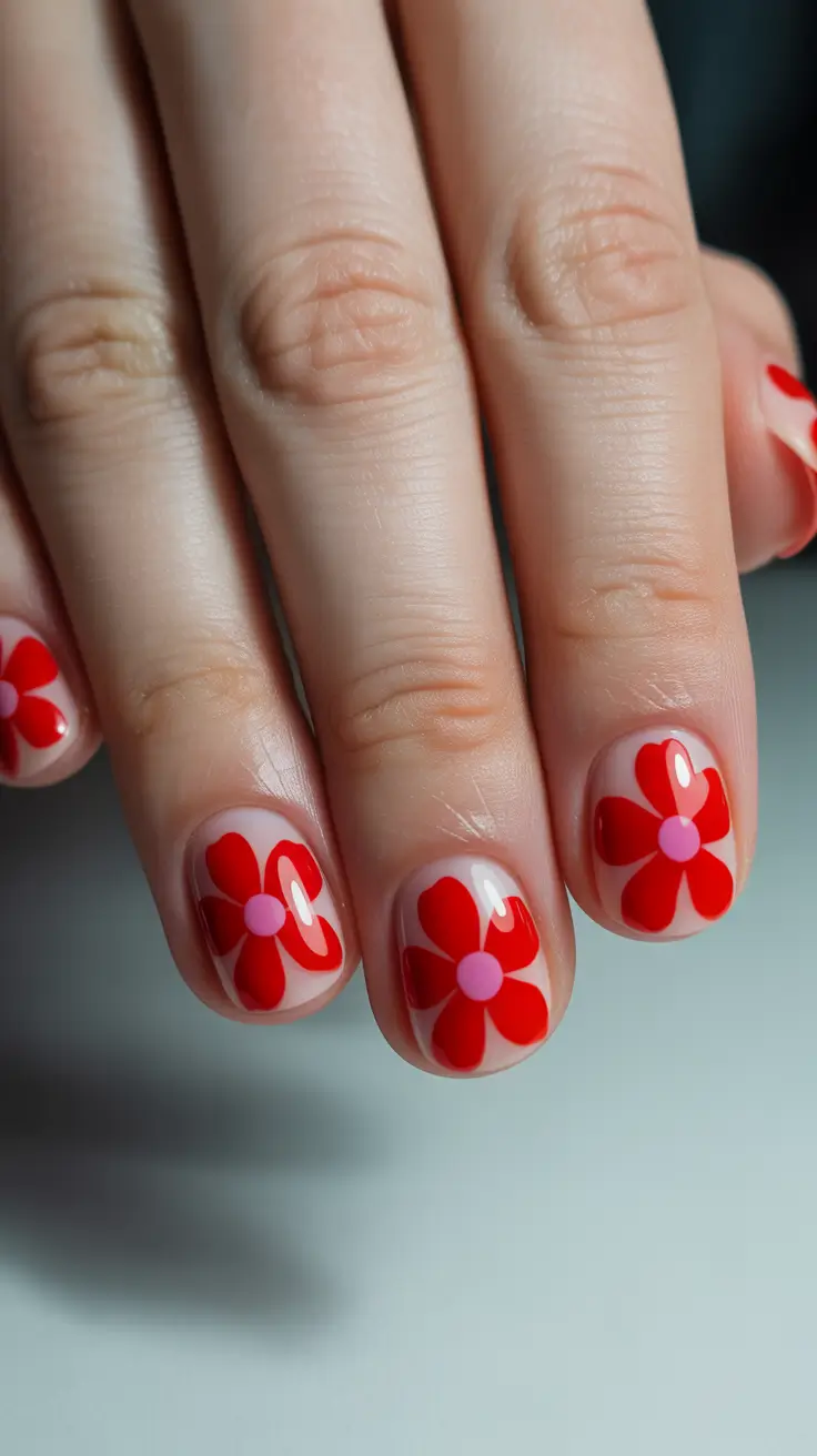 Minimalist natural nails 2026 Red Floral Design