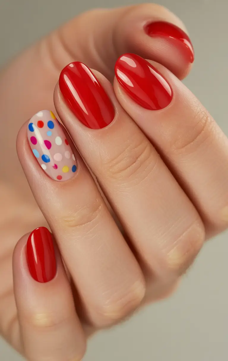Minimalist natural nails 2026 Red Confetti Accent