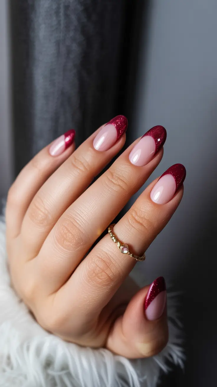 Minimalist natural nails 2026 Red Glitter Almond