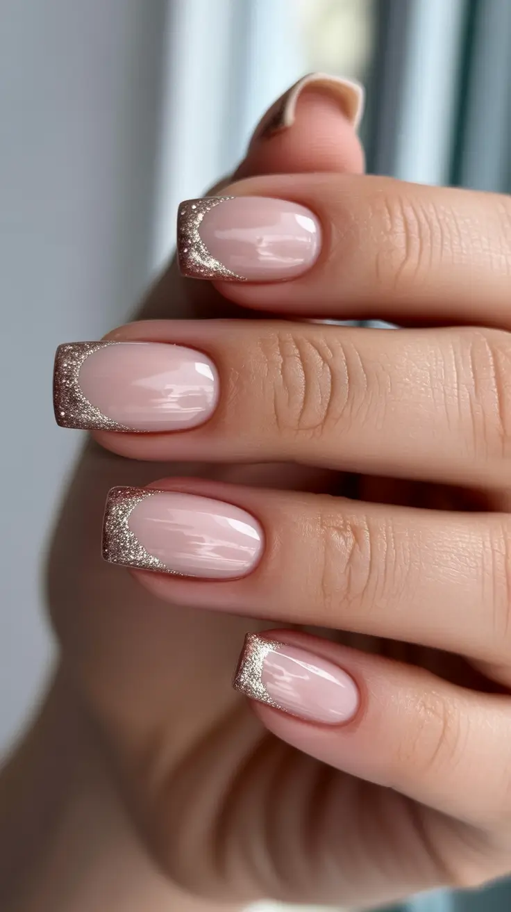 Minimalist natural nails 2026 Champagne Glitter French