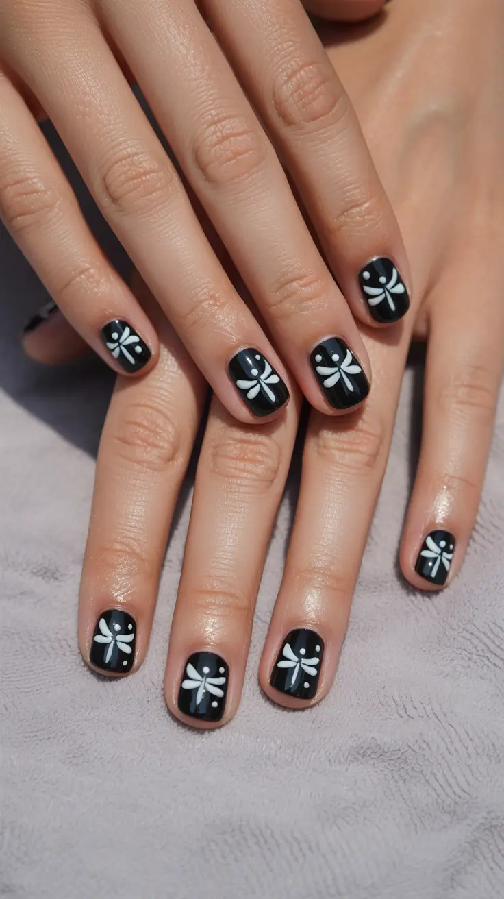 Minimalist natural nails 2026 Black nails white dragonfly art