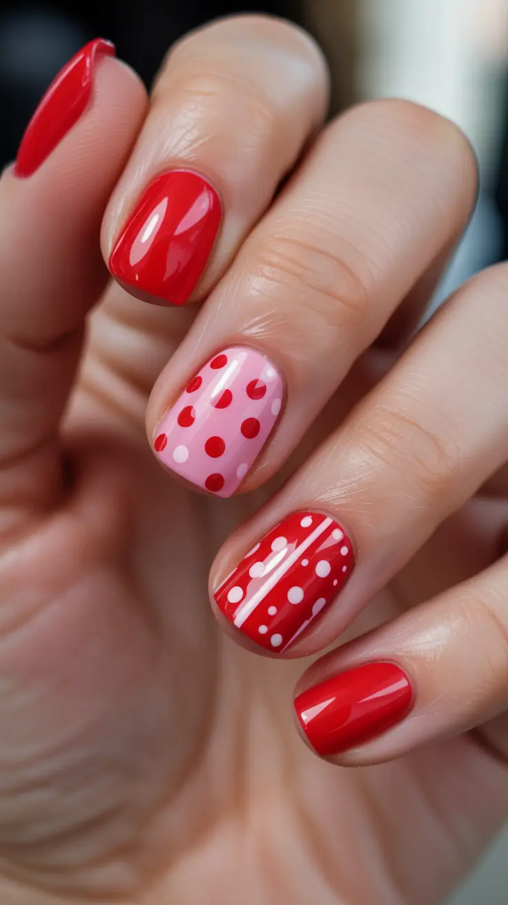 Minimalist natural nails 2026 Red Polka Dot Design