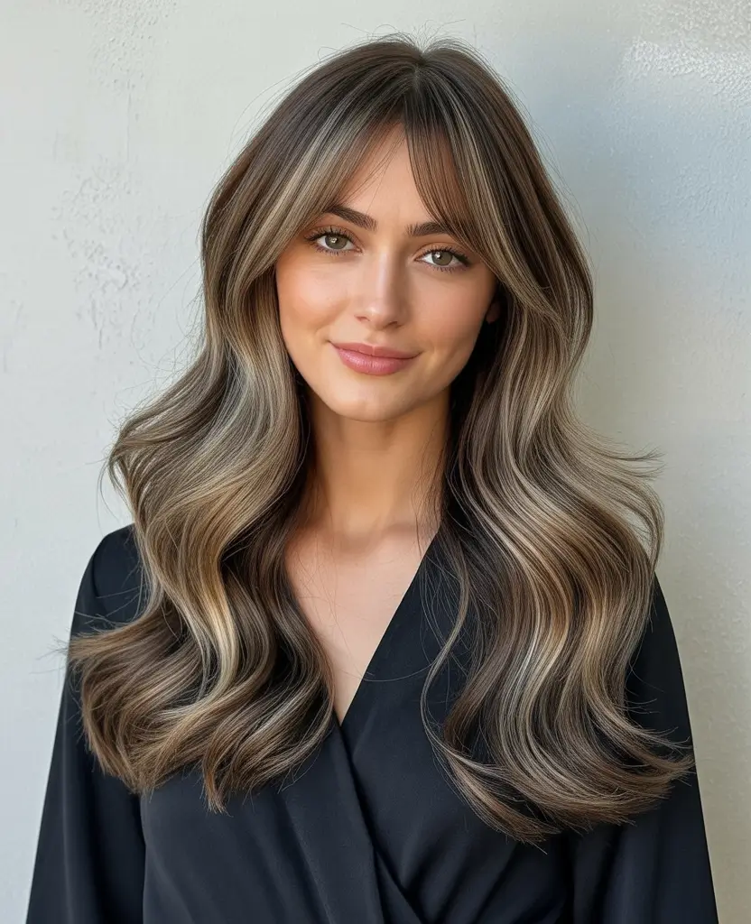 Mushroom brown hair color 2026 Mushroom Brown With Curtain Bangs and Blended Dimension