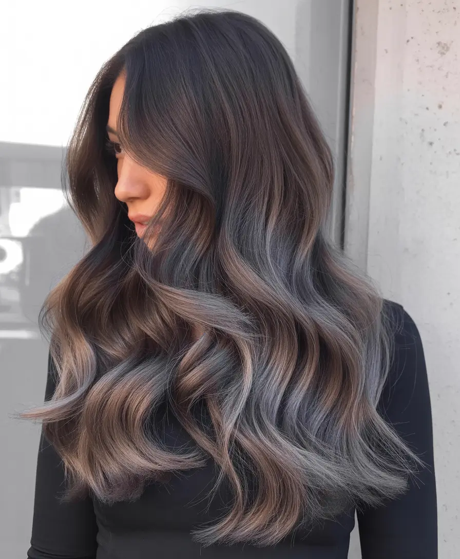 Mushroom brown hair color 2026 Deep Mushroom Brown With Smoky Grey Balayage Waves