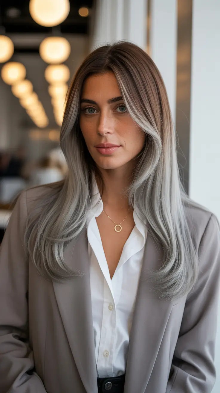 Mushroom brown hair color 2026 Silver-Mushroom Gradient With Polished Business Texture