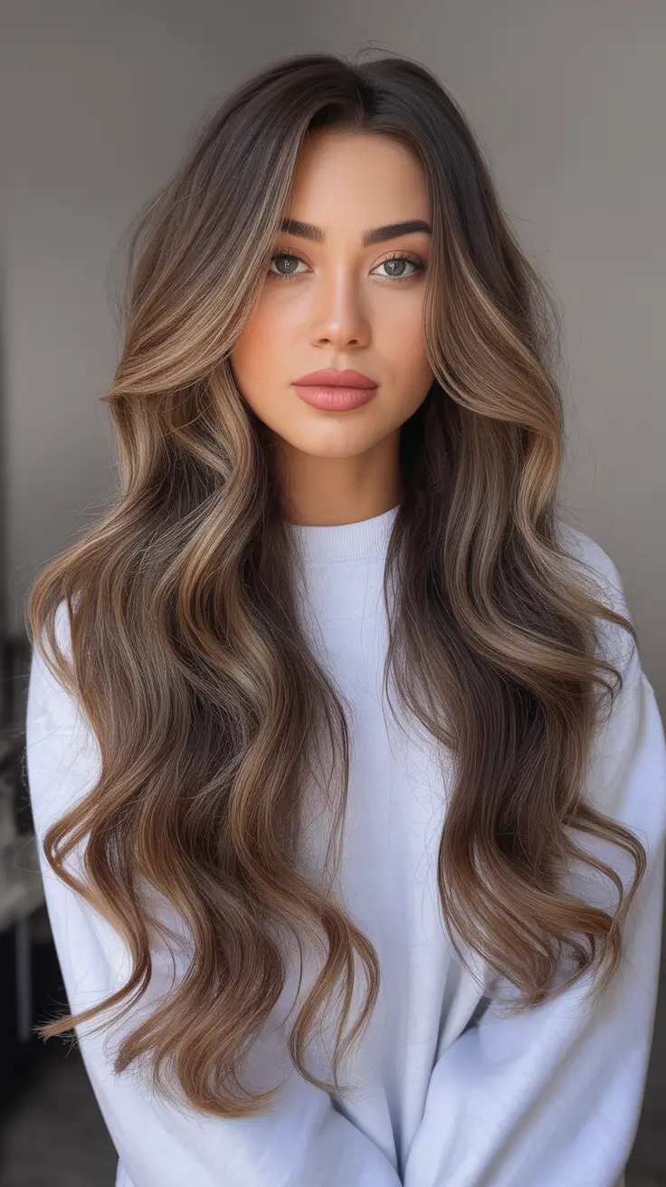 Mushroom brown hair color 2026 Ultra-Long Mushroom Brown With Glossy Balayage Flow