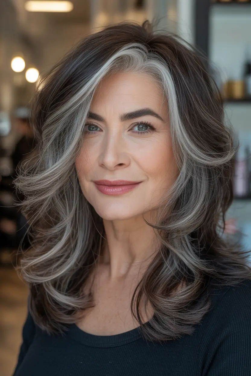 Mushroom brown hair color 2026 Elegant Mushroom Brown With Silver-Touched Face Frame