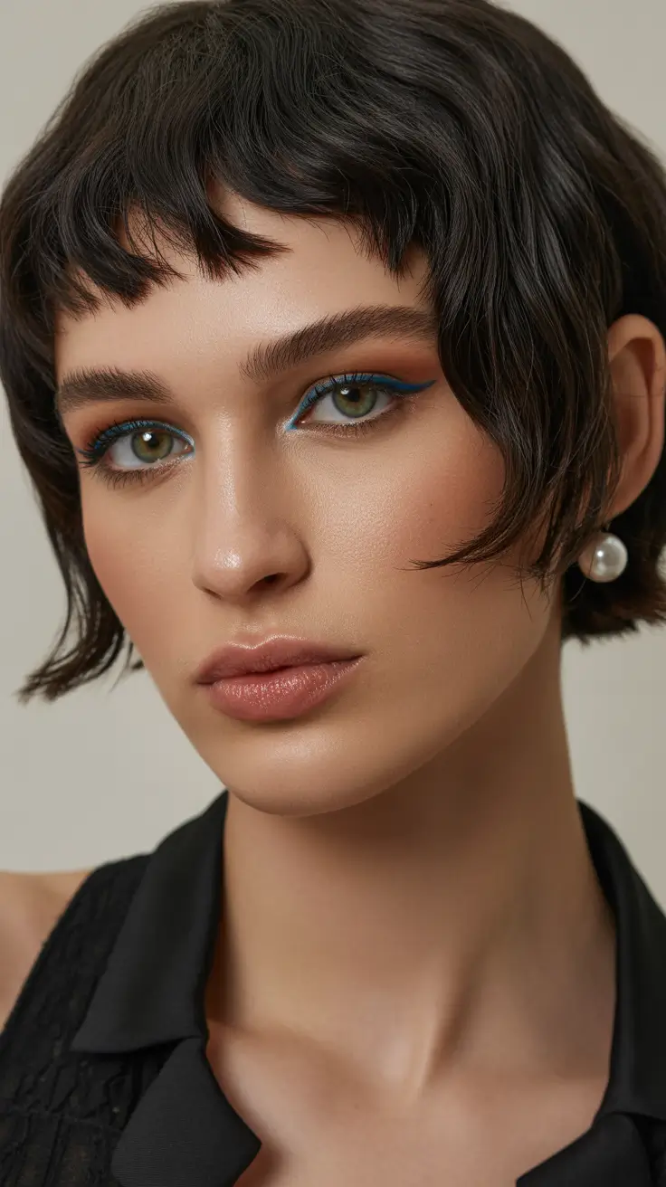 New bangs hairstyle trends 2026 Soft Micro Waves With Graphic Fringe