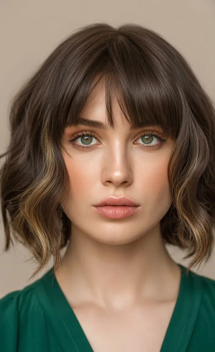 New bangs hairstyle trends 2026 Soft Wavy Bob With Delicate Fringe