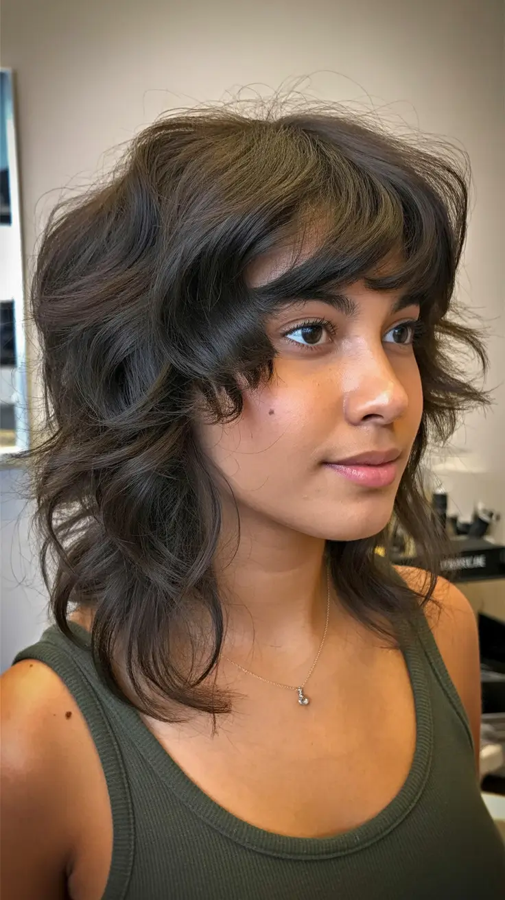 New bangs hairstyle trends 2026 Curly Shag With Softly Fragmented Bangs